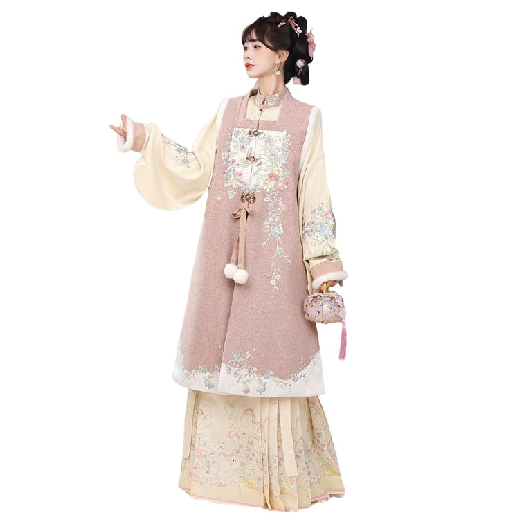 New Original Ming-Style Women's Hanfu: Fleece Lined Long Bijia + Horse-Face Skirt Set, Pink 4-Piece Bedding Set S 4