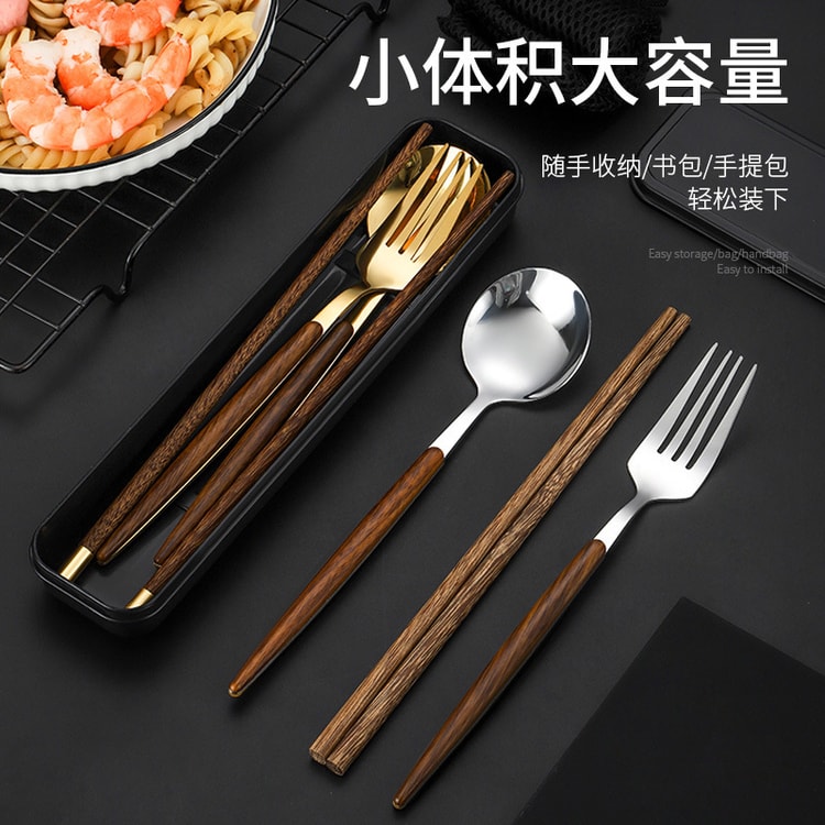 【中国直送】ステンレス製ポータブル食器 角柄テーブルスプーン+フォーク+箸 (シルバー)