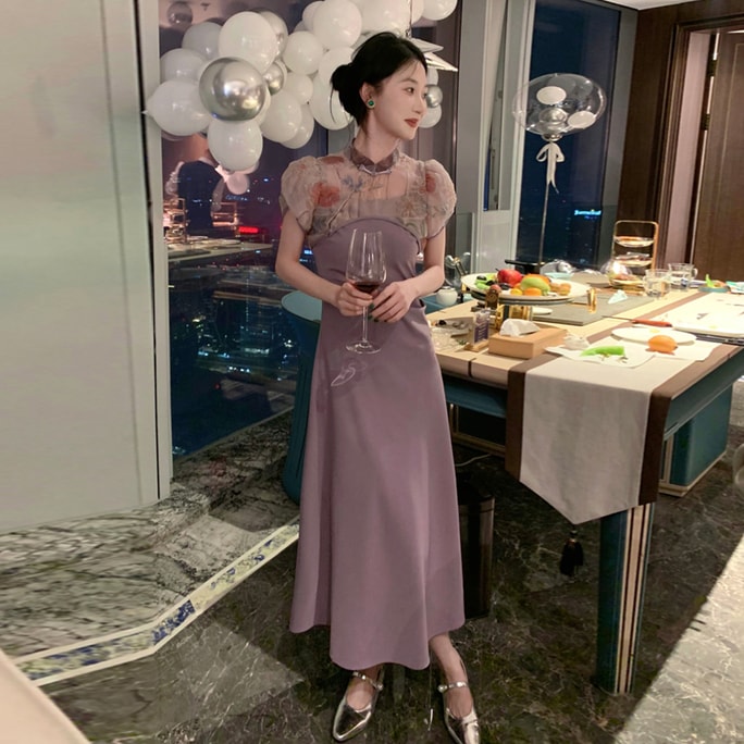[중국에서 온 다이렉트 메일] HSPM 새로운 개선된 치파오 드레스 복고풍 중국 스타일의 새로운 중국 드레스 투피스 세트 퍼플 S