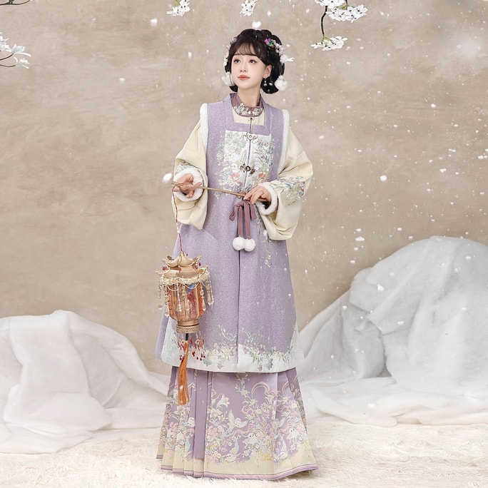 【中國直郵】 HSPM 新款明製原創漢服女加絨長比甲馬麵裙套裝 紫色四件套 XL