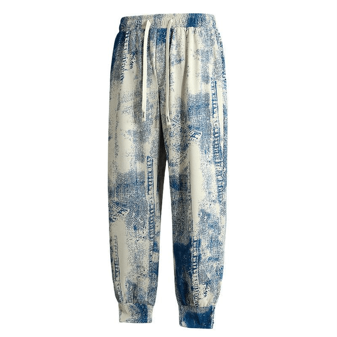 Chinese Style Mens Plus Trendy Printed Trousers Loose Casual Pants Blue 4XL