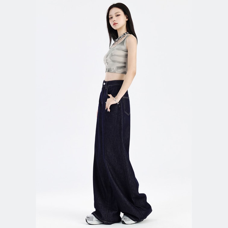 【中国直邮】 HSPM 不掉色深蓝色牛仔裤女新款美式设计感宽松显瘦直筒拖地阔腿裤 深蓝色加绒M 6