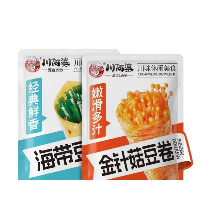 【中国直邮】 川阿婆 金针菇豆卷夹心海带夹心豆卷混合装零食小吃19g*6袋