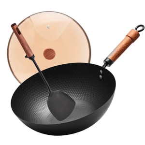 Diamond-Hammered Frying Pan With Iron Spatula- 32cm Carbon Steel Iron Wok, Naturally Non-Stick Physical Anti-Stick Texture