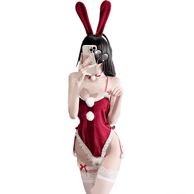 JuzPlay Juzpaly 新年＆バレンタインデー限定クリアランスセール：セクシーなバニーガールコスプレボディスーツ、フリーサイズ - レッド（ストッキングは含まれません）