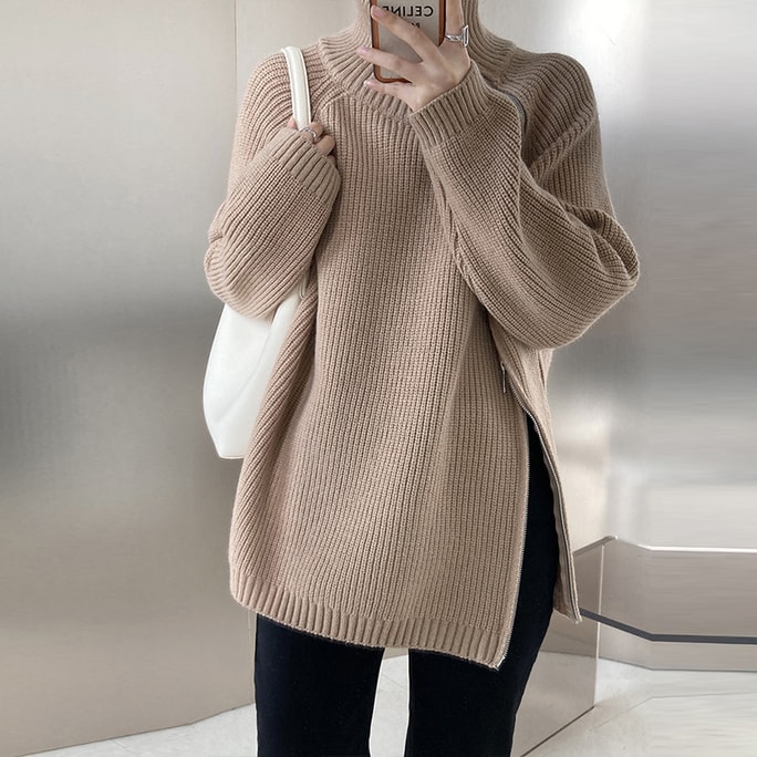 Autumn And Winter New Double Zipper Knitted Sweater Jacket Khaki