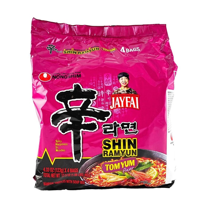 Trying Jay Fai  Shin Ramyun- Korean Instant Noodles,  Tom Yum Flavor  4.33 oz*4 Bags 【Limited Edition】