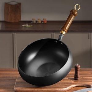 川岛屋 炒锅 炒菜锅 大肚锅带木盖 熟铁材质 24cm
