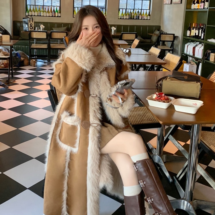 Faux Fox Fur Long Loose Fuzzy Thickened Coat with Shearling Lining