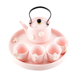 川島屋 陶瓷茶具組 粉紅捏花功夫茶具 提樑壺茶杯 1壺4杯1托盤