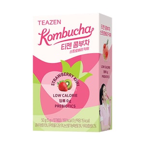 한국산 티젠 콤부차 - 무설탕, 저칼로리 음료, 딸기 & 키위 맛, 5g x 10개입. [유산균과 프리바이오틱스가 풍부하며, 한 컵에 단 15칼로리]
