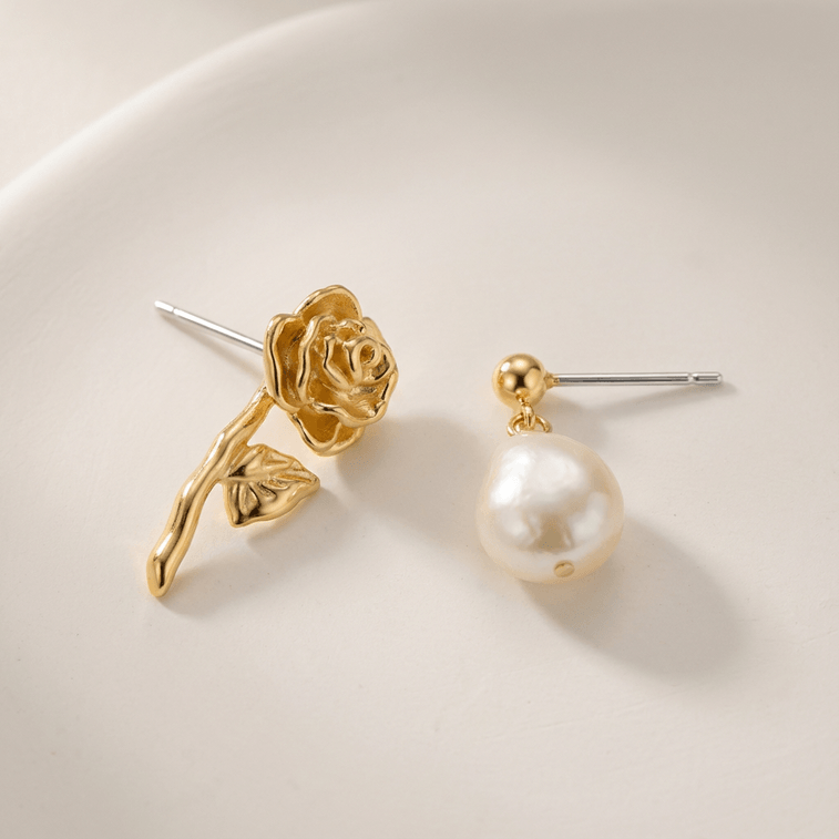 [Essential Gift for Women 's Day] Baroque Pearl Freshwater Retro rose stud earrings 925 Silver needle Retro Court Style earrings Asymmetrical French Elegant and Grand Niche Artistic Temperament 1 pair 7