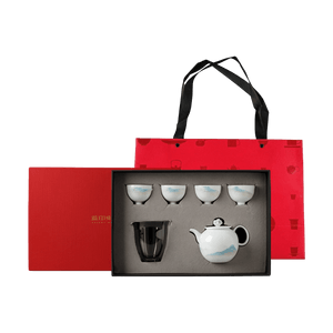 【暫時下架看看是不是要和1029254231這個袋子組成combo】藍印東方 景德鎮陶瓷中式泡茶壺茶具套裝 壺*1、杯*4、公道*1、包裝*1【石上-千里江山】