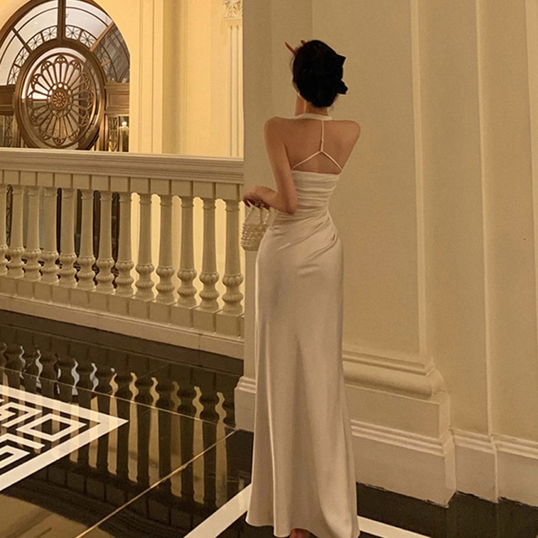 French Niche Slim Bodycon Dress Tulle Satin Patchwork Halter Dress Off White S 5