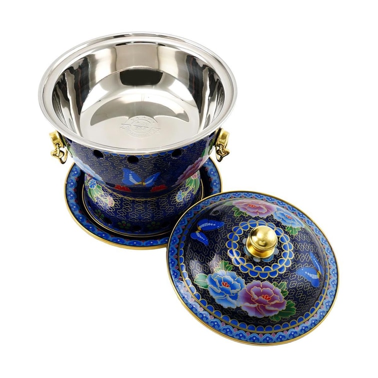 Enamel Fat Cattle Hot Pot Blue Peony with 304 Stainless Steel Liner 7