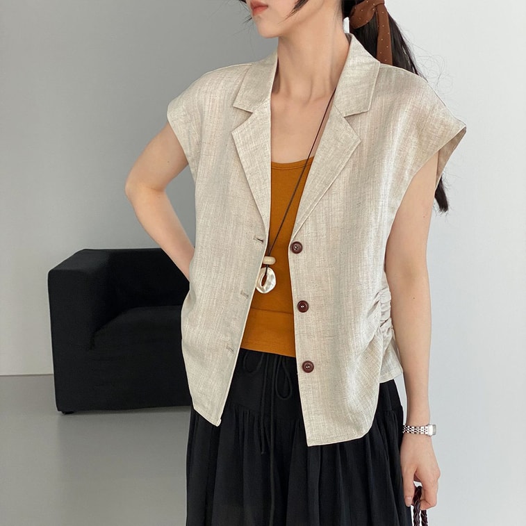 Elegant V‑Neck Vest Linen Color Size L 1 Piece Old‑Money Commute Style Lyocell‑Linen Blend Vintage Pleated Waist‑Cinching Vest Top 3