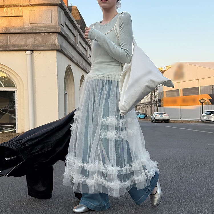 sheer layering dress Korean sweet mesh top with lace cami White M 1 piece prom dress 2025 luxury