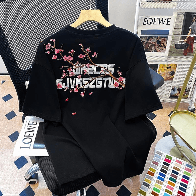 Chinese Style Embroidered Short Sleeve Loose T Shirt Black XL