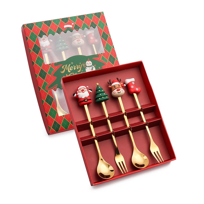 HSPM 聖誕勺叉套裝 聖誕樹甜點勺咖啡勺水果叉ins創意禮物餐具禮物4個一組