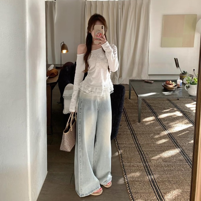 Pearl Line Wide-Leg Jeans Blue S-M Size, Light Blue, M