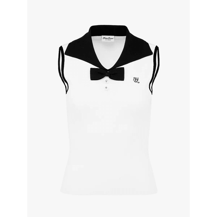 Open Collar Ribbon Sleeveless Knit-2 Colors White / XS - Yami.com