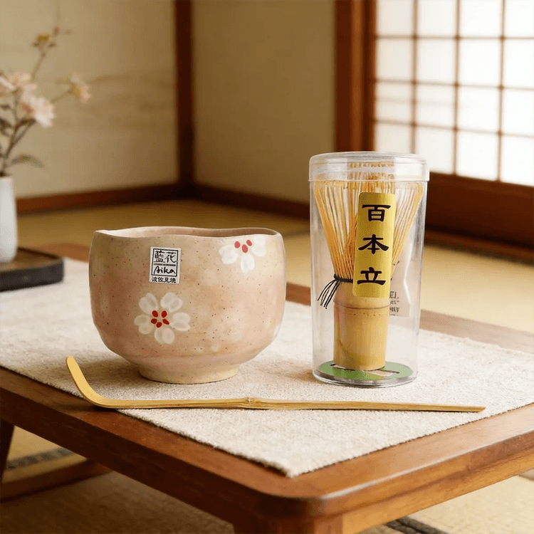 日本藍花抹茶三件套抹茶碗茶筅茶勺茶立礼盒装樱花装饰釉- 亚米
