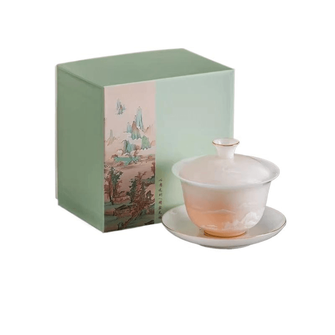 【中国直邮】 一品仟堂 高端白瓷盖碗家用功夫茶具茶杯 浮雕三水 11.1*9厘米
