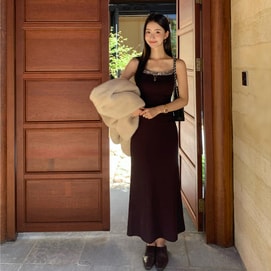 【中国直邮】 HSPM 亮片拼接吊带连衣裙 气质修身针织内搭鱼尾裙 绛紫色撞银紫L