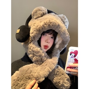 【中國直郵】 HSPM 新款可愛毛絨耳機小熊保暖護耳帽圍巾 灰色 F