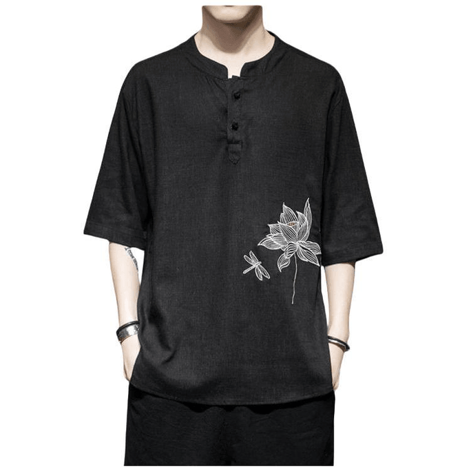 Chinese Style Mens Cotton and Linen Embroidered Loose Tang Suit Shirt Black M