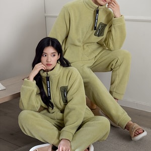 Pajamas couple autumn and winter coral velvet thickened warm men's and women's home wear can be worn outside set bubble velvet female model matcha green M