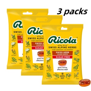 3 Packs Sugar Free Swiss Herb Cough Drops 19 Drops, Natural Cough Suppressant, Soothing Sore Throat Relief, Refreshing Breath, Dry Mouth & Hoarse Voice Care, Non-GMO, Gluten Free