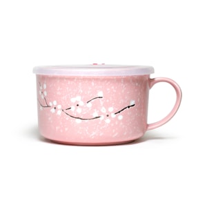 GINKGOHOME Microwavable Ceramic Noodle Bowl with Handle and Seal Sakura Snow Flake Floral Design - Blossom 24oz