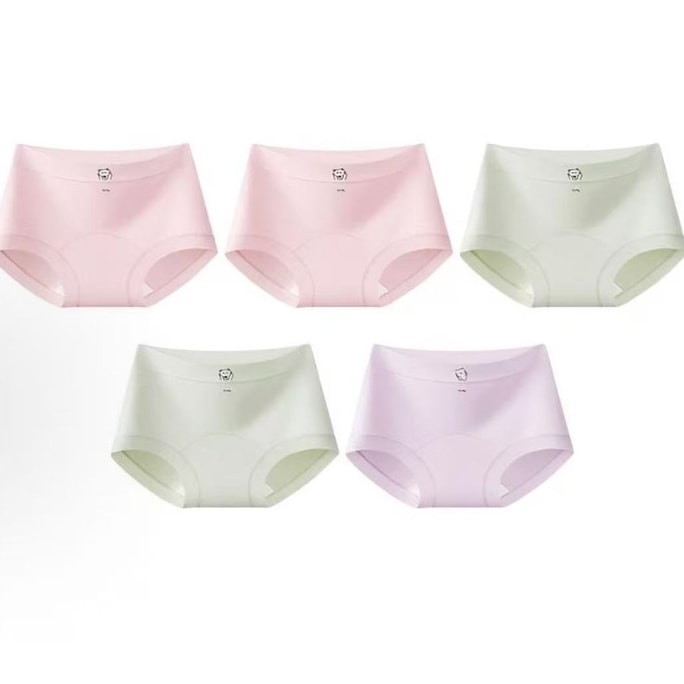 Pure Cotton Gusset Cat Print Panties Pink 2pcs + Green 2pcs + Purple 1pcs Size L—10A Antibacterial & No Wedgie, Breathable Seamless Skin-Friendly