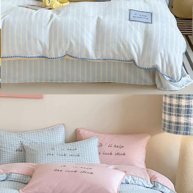 【中国直邮】 Lullabuy 撞色格子条纹床上四件套 床品被套枕套(床笠款)葡萄奶昔-Queen