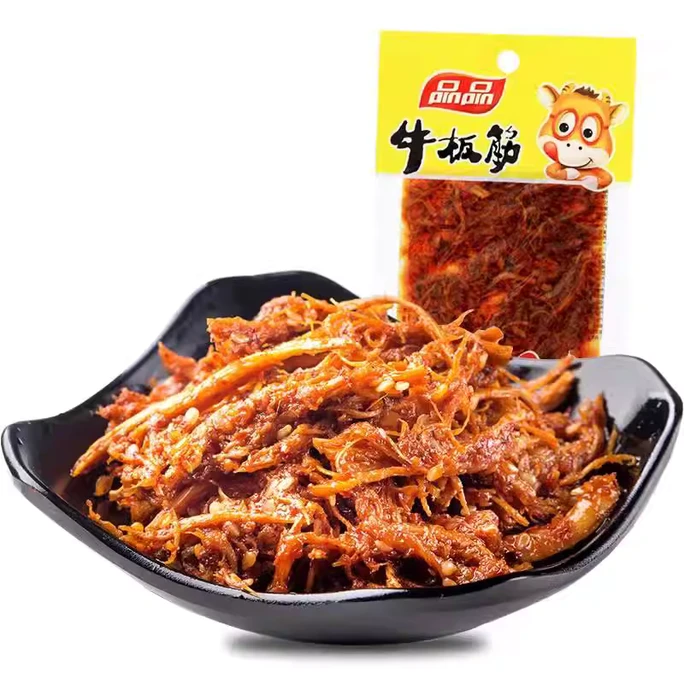 【中国直邮】 茉莉小铺 品品麻辣味牛板筋丝状 休闲零食小包装 烧烤味 12g*8袋