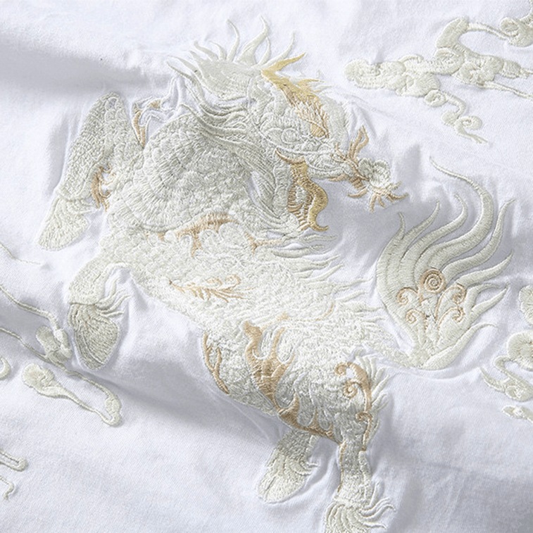 Chinese Style Kirin Embroidered Short Sleeve T Shirt White XXX-Large 3