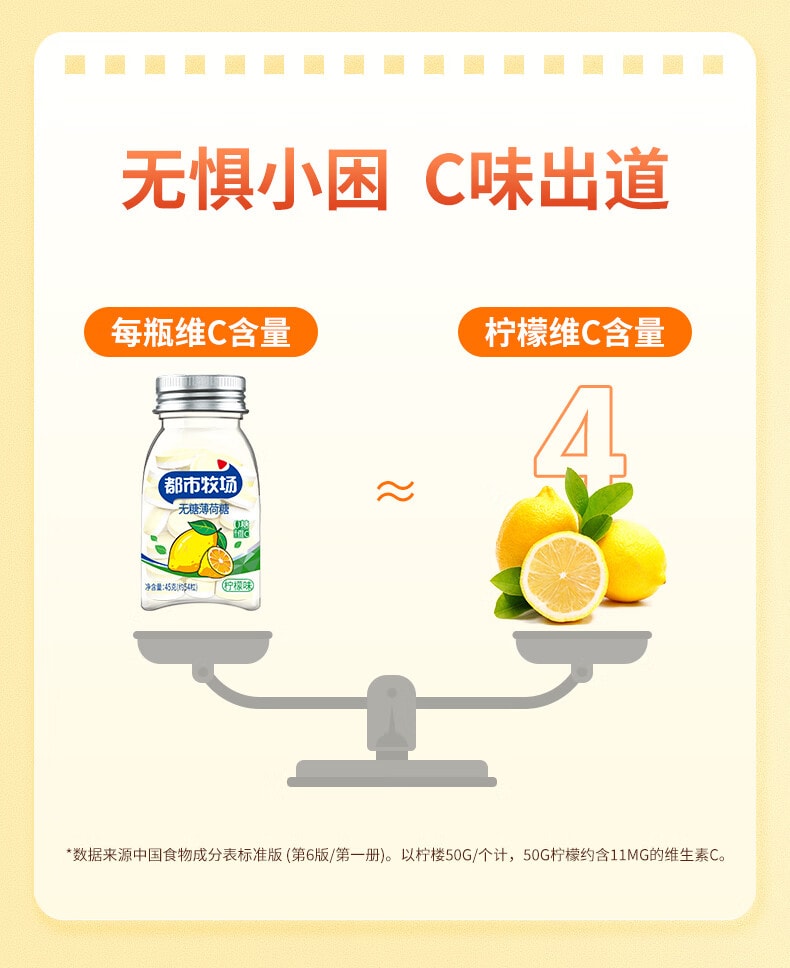 【中國直郵】 都會牧場 無糖薄荷糖 混合口味 維生素C清新口氣 檸檬 零食糖果 45g*6瓶 230g