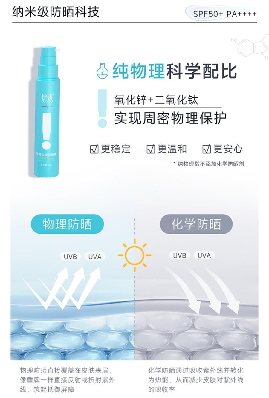 【中国直邮】 绽妍 透物理防晒霜 敏感肌防晒霜乳SPF50+小蓝盾防紫外线清爽隔离霜 50g/瓶【小红书种草推荐】