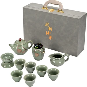 Kung Fu Tea Set, Complete Household Ceramic Ge Kiln Gift Box, Lotus Seed Pod - Ge Kiln Set, 11 Pieces (Includes Tea Canister Gift Box)