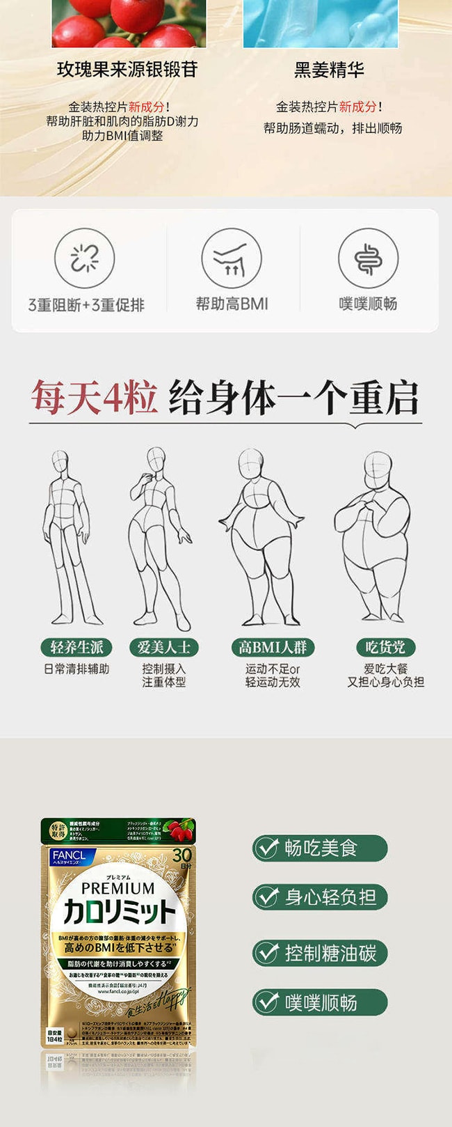 【日本直郵 正品保證】日本FANCL 芳珂 黑生薑熱控片熱控丸 卡路里控制促代謝 金色加強版 120粒30日