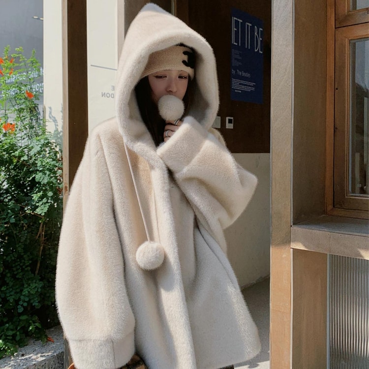 中国直邮】 HSPM 环保皮草外套小众连帽加厚中长款仿水貂毛绒大衣皮毛