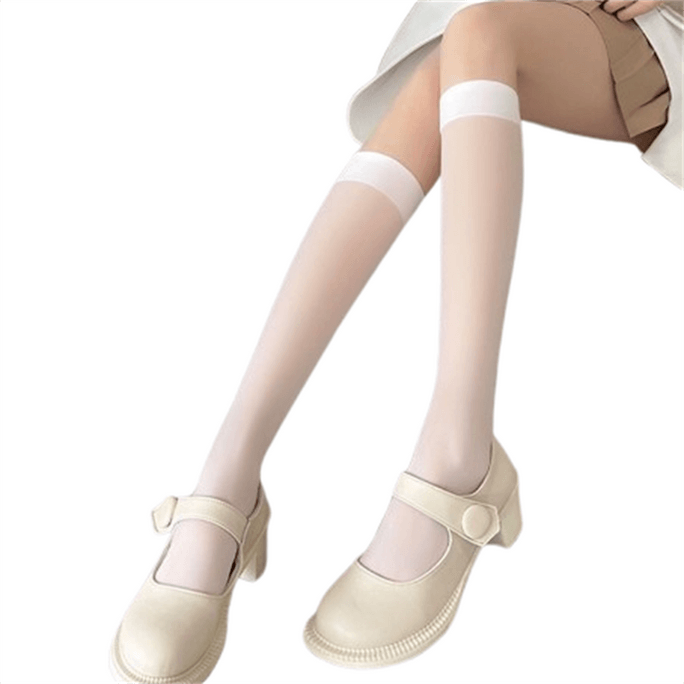 Zhengda JK ふくらはぎソックス レディース ホワイト シルク 夏 超薄型 通気性 ファッション 肌透け ニーハイソックス ホワイト 落ちない カレッジスタイル ストッキング 1足/パック