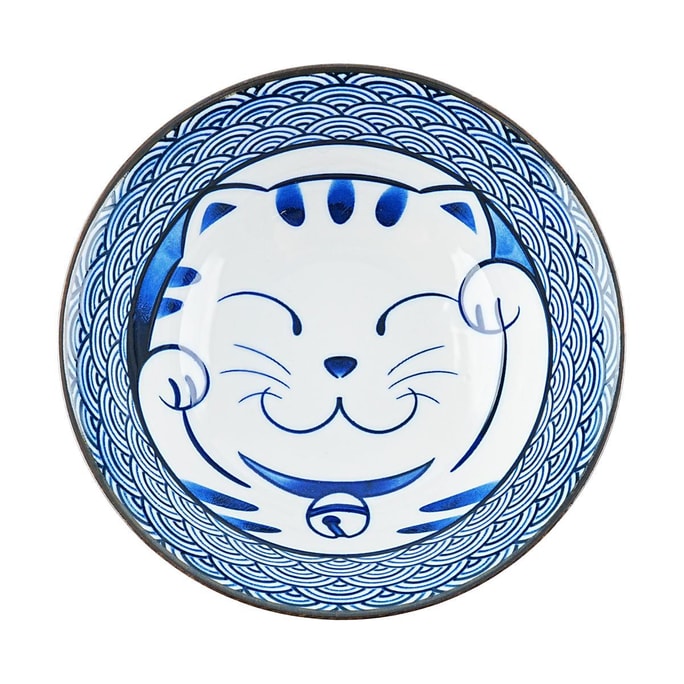 日本 拉面碗 陶瓷大汤碗 可爱餐具 猫咪图案 蓝色 19*7cm