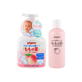 日本PIGEON貝親 嬰兒爽身露桃葉精華 桃子水 200ml +日本貝親 嬰兒新生兒寶寶 桃子水沐浴露洗髮二合一 450ml 含保濕成分【超值套裝】