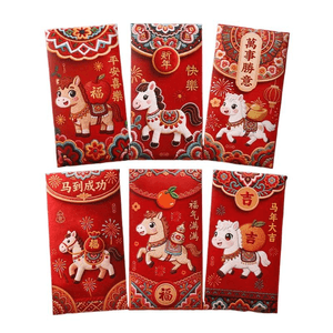 [중국 직배송] 리우핀탕 모방 자수 스타일 입체형 빨간 봉투, 말띠 해 새해 복주머니 (16.6*8.7cm*6개입)