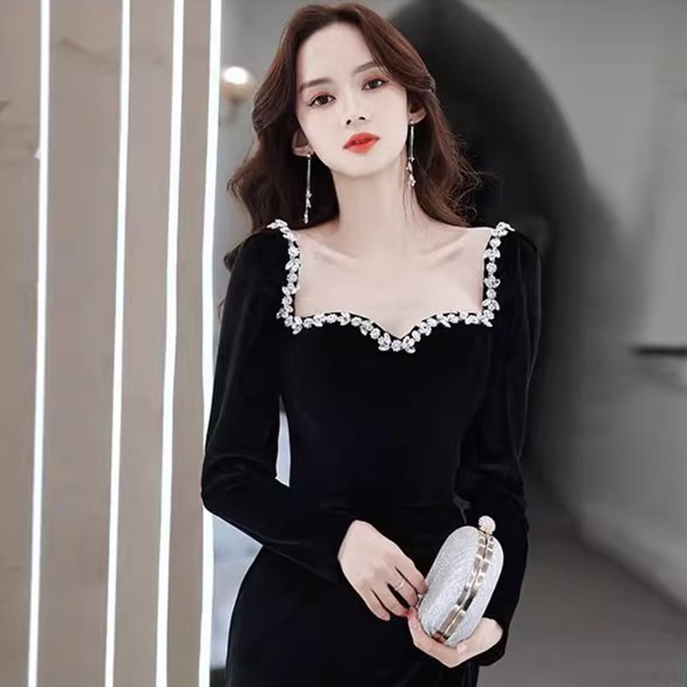 【中国直邮】 HSPM 轻奢小众party小礼服 高端圣诞聚会战袍 黑色丝绒连衣裙 黑色 L 8