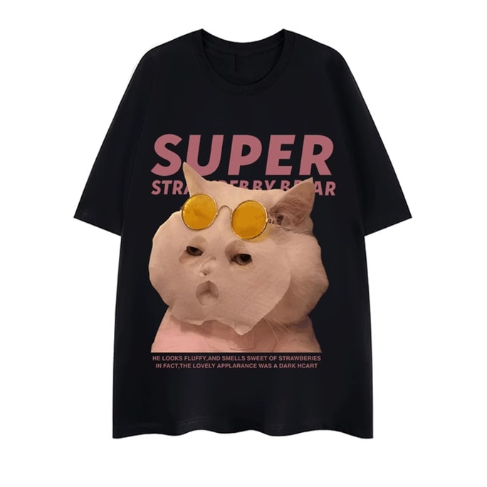 New Niche Loose And Comfortable Couple Style Pure Cotton Short Sleeved Shirt Black Pussy L