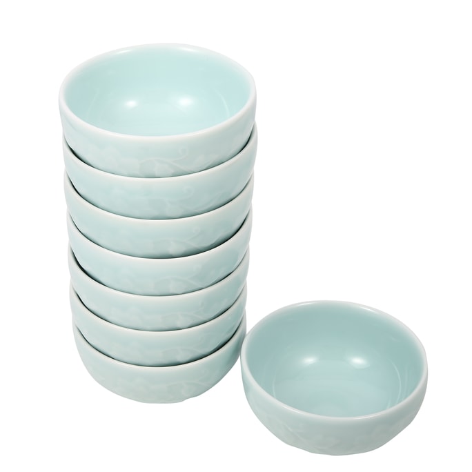 Green Valley Luxury 8-Piece Celadon Bowl With Peony Pattern 4.5" Bowl Gift Set Light Greenish Blue [Pack of 8]