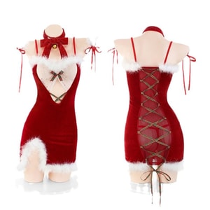 Women's Christmas Sexy Lace Lingerie Set See Through Sleepwear Sexy Nightgown Gift Set Red One Size